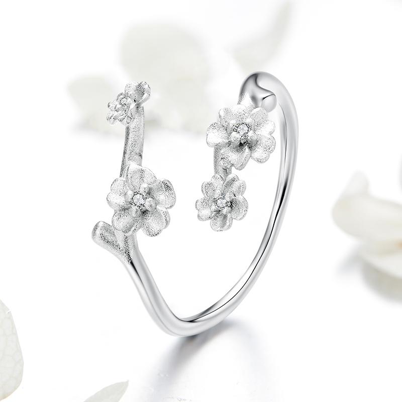 WOSTU 925 Sterling Silver Ruby Blossom Open Ring For Women S925 Silver Shiny Zircon Flower Adjustable Ring Party Jewelry Gift