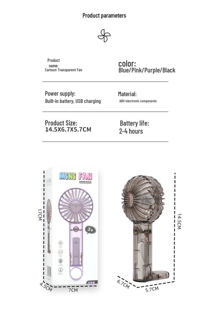 Cute Cartoon USB Rechargeable Silent Handheld Fan with Hook