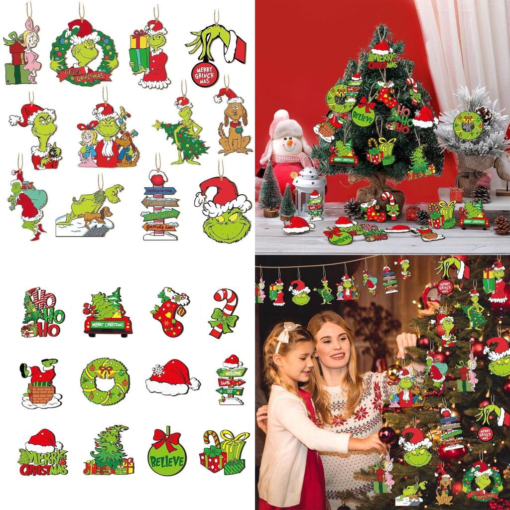 Green Wooden Christmas Tree Ornaments Set For Festive Home And Office Decor