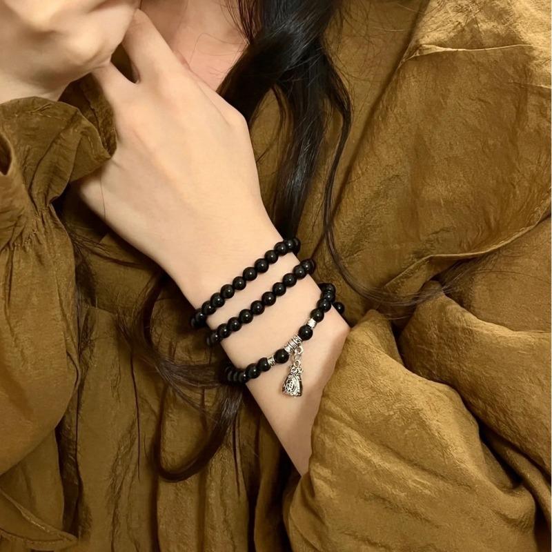 

Retro Lucky Multi-circle Bracelet Women s Accessories Imitation Tibetan Silver Obsidian Bracelet Couple