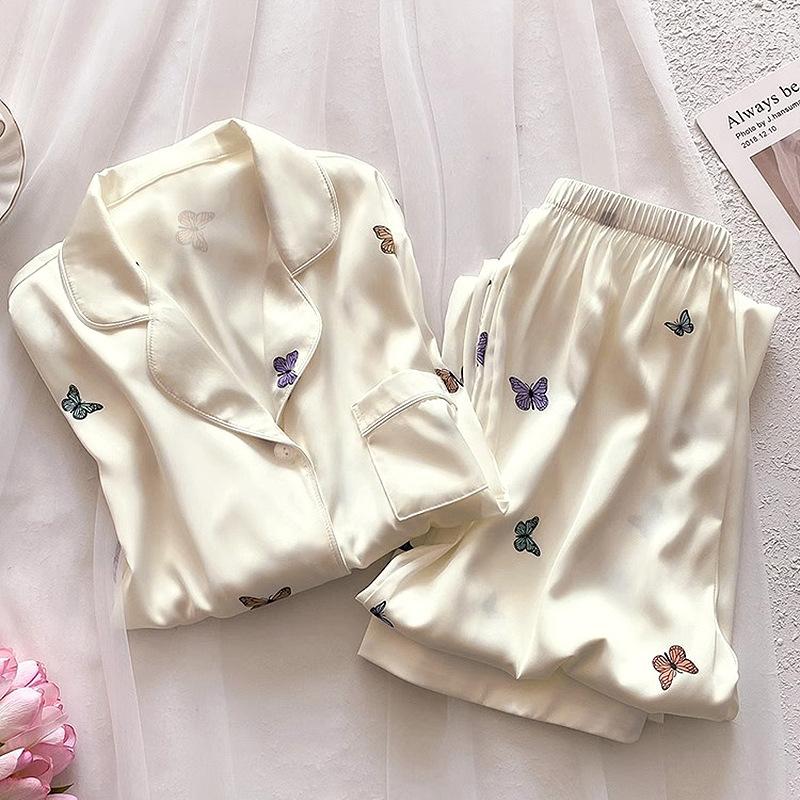 Süße Farbe Schmetterlingsdruck Eis Seide Pyjama Damen Frühling und Herbst Langarm Loungewear Zweiteiliges Set Echte Aufnahme