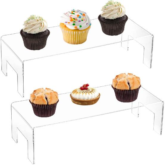 Frcctre 2 Pack Acrylic Display Risers, 5mm Thick Clear Display Risers Stand Acrylic Showcase Fixtures Shelf for Dessert Cupcake Figures Toys