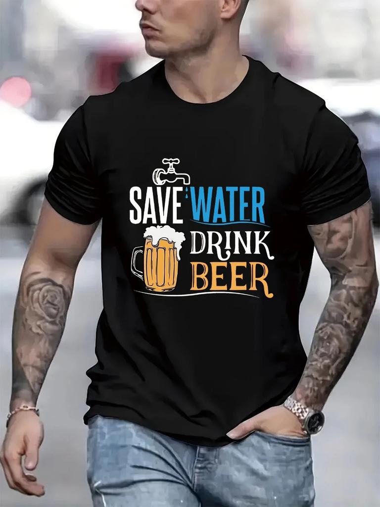 Risparmia Acqua Bevi Birra Maglietta Grafica Divertente da Uomo Umorismo Amante della Birra Tee