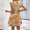 2026 new European and American printed V-neck ruffle edge short-sleeved vacation dress