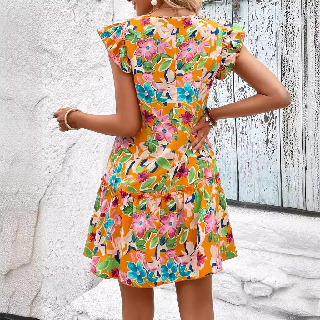 2026 new European and American printed V-neck ruffle edge short-sleeved vacation dress
