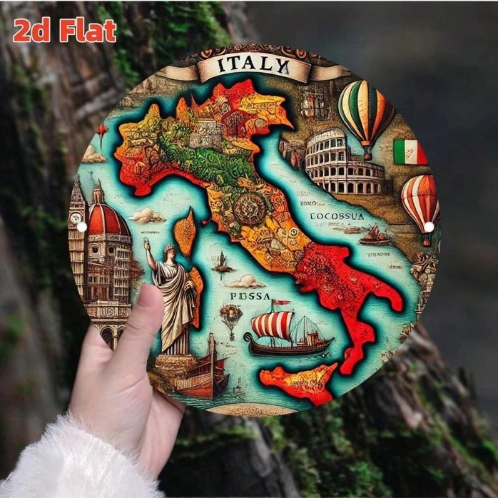 Vintage kovový plakát Mapa Itálie, Retro kulaté nástěnné umění do kuchyně Joom