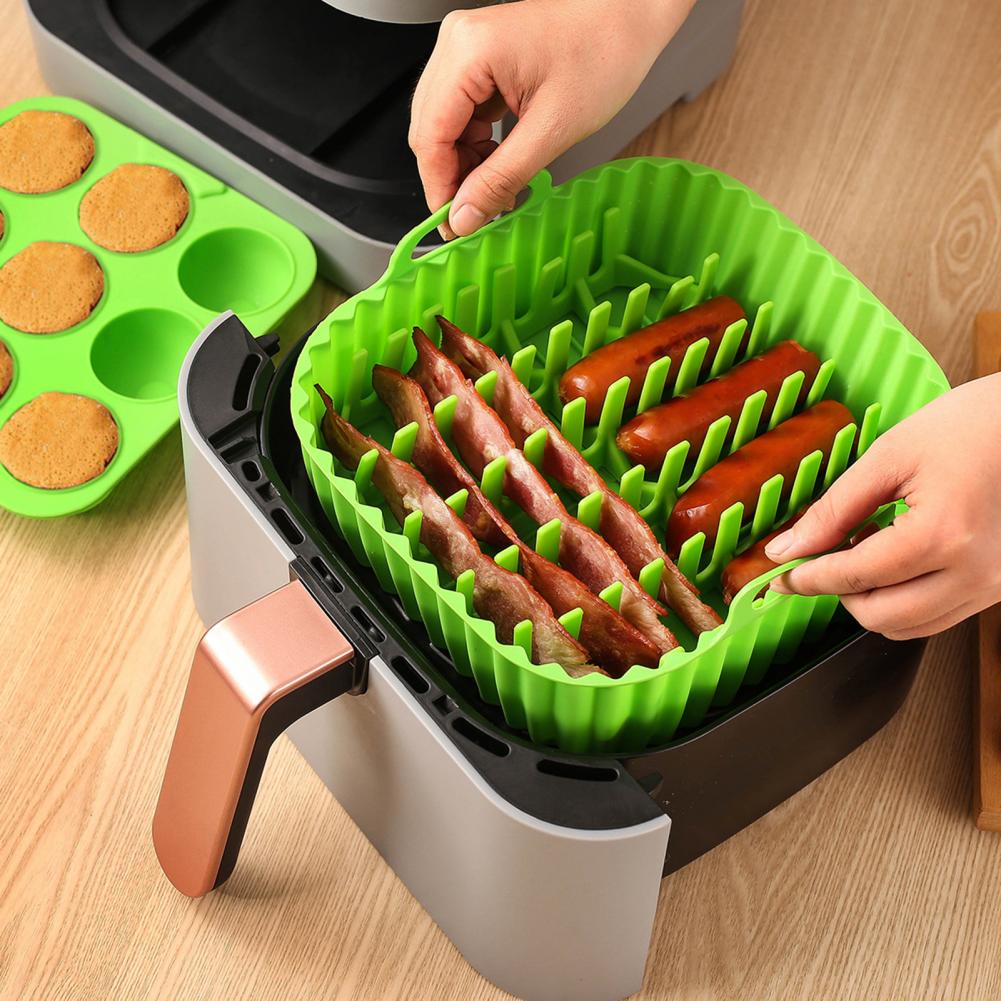 Non-Stick Silicone Air Fryer Pot Baking Pan with Handles - Even Heating Dishwasher Safe Kitchen Accessory for Healthy Cooking