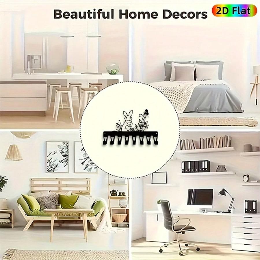 Vintage Rabbit Key Holder Black Wrought Iron 8 Hooks Easter Christmas Gift