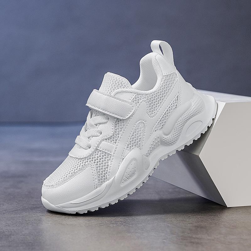 Kids' White Leather Sneakers: Casual, Solid Color, Campus Running Shoes In Stock for Middle and Big Kids