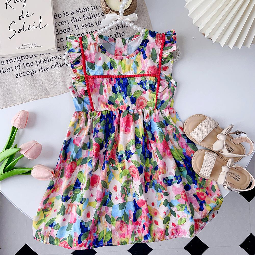 Summer Girls Sleeveless Floral Print Vest Dress Stylish Princess Dress 90cm