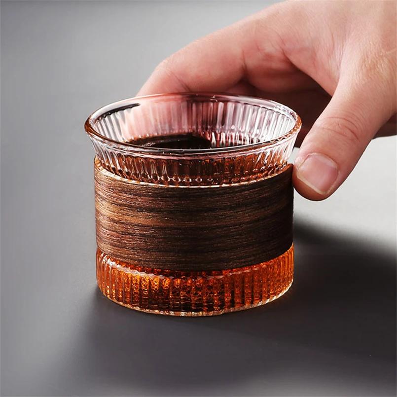 Japanese-style High Borosilicate Transparent Glass Tea Cup Household Wooden Ring Anti-scalding Vertical Grain Small Tea Cup