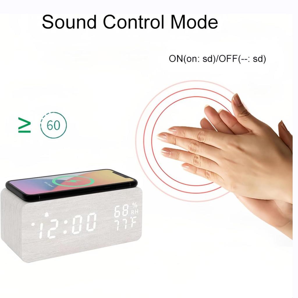 Smart Wooden Alarm Clock with Humidity Wireless Charging Student-specific Digital LED Creative Wooden Clock