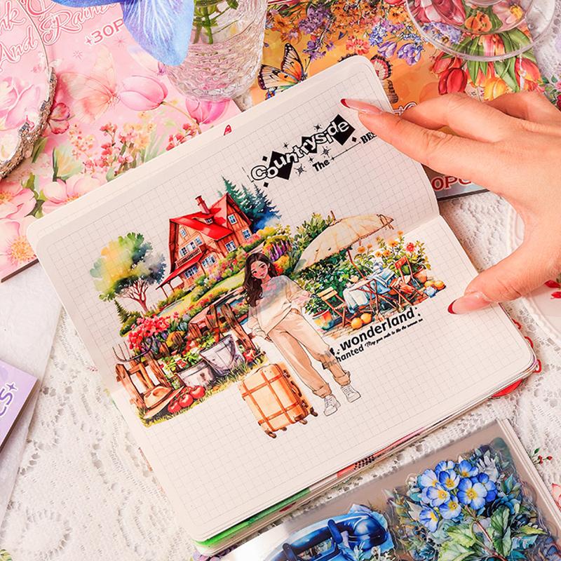 30 Blätter/Packung Schmetterlings-Blumen-Thema-Aufkleberbuch Kreatives Handbuchmaterial DIY-Bilderbuch-Kalender-Sammelalbum-Fotorahmen-Aufkleber