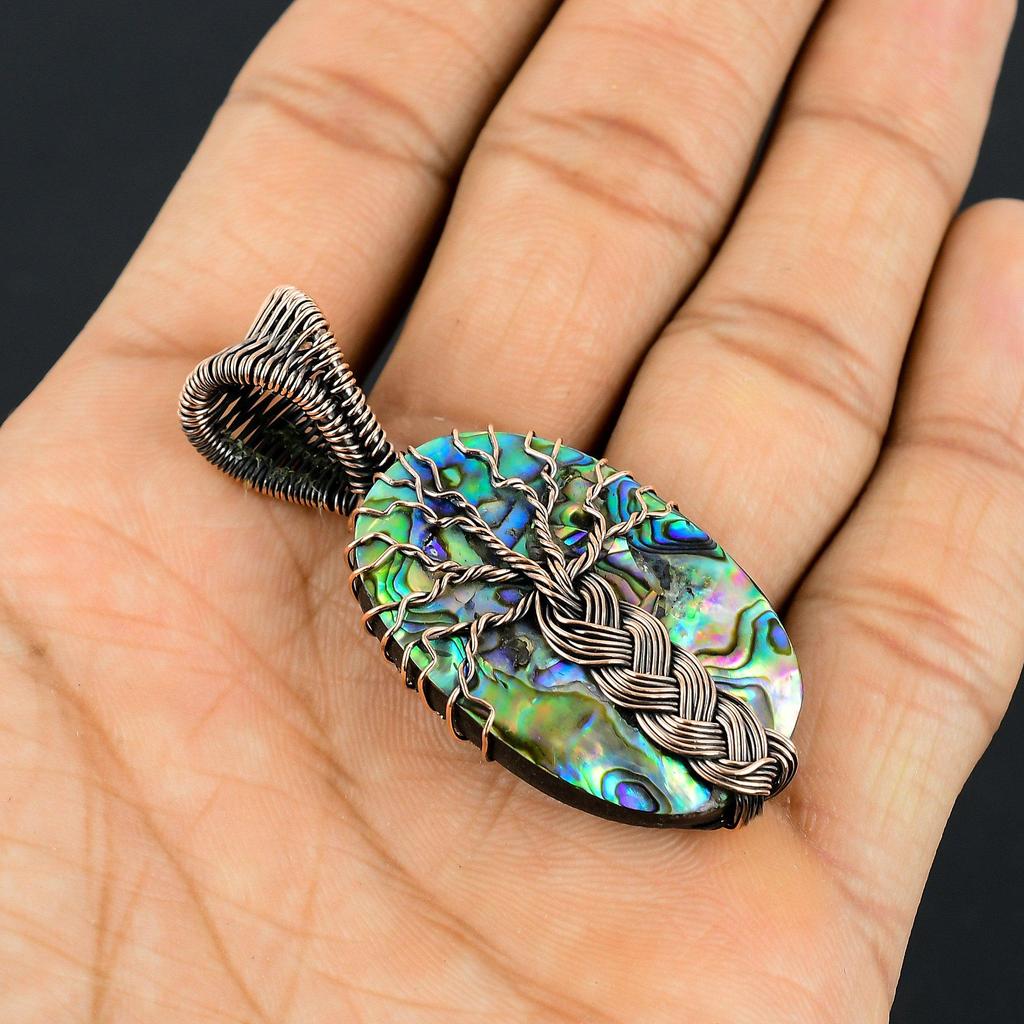 Abalone Shell 999 Copper Wire Wrapped Pendant, Handmade Gemstone Pendant Jewelry, Gifts For Wife Brand New Pendant