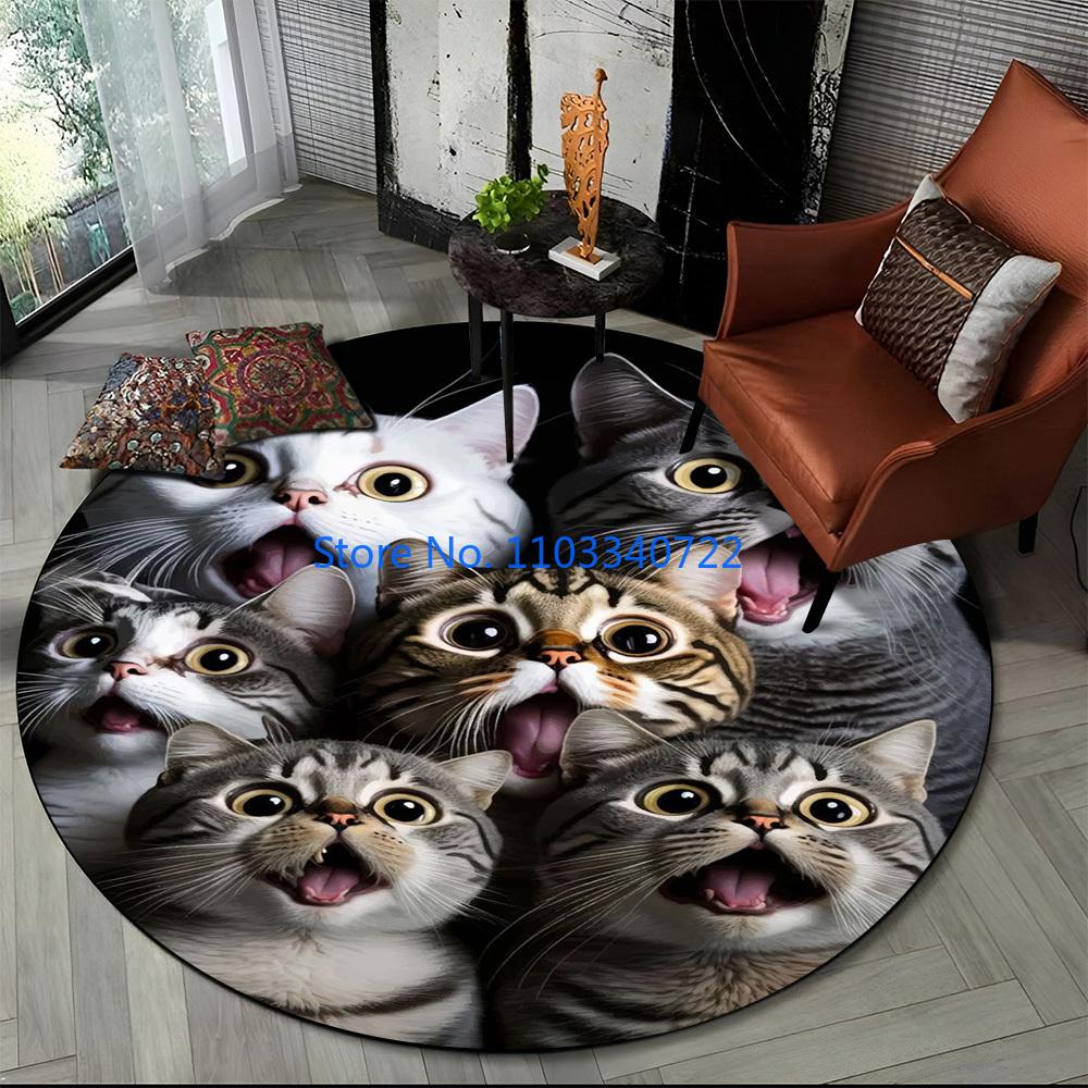 Cute Calico Cat Persian Cat Ragdoll Rug Round Carpet 120cm Crawling Game Non-slip Floor Mat for Kids Bedroom Living Room Decor