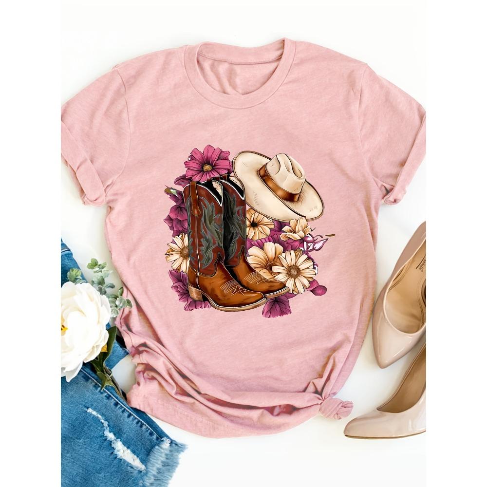 Blumen Cowboy Stiefel Damen T-Shirt - Western Style Grafik, Country-inspiriertes Print für Lässige Tägliche Kleidung