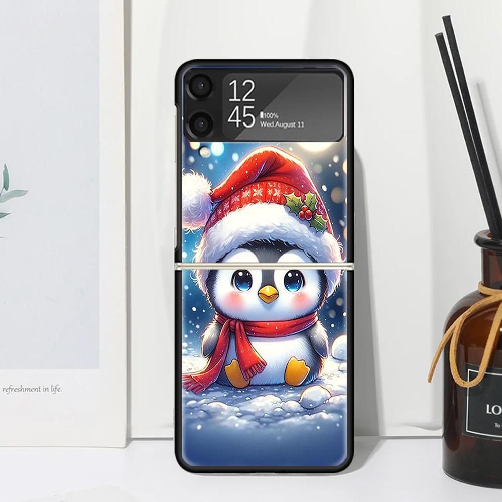 Christmas Penguin Phone Case Cover for Samsung Galaxy Z Flip 7 6 5 4 3 5G Flip3 Flip4 Flip5 ZFlip6 ZFlip7 Black Fundas Galaxy Z