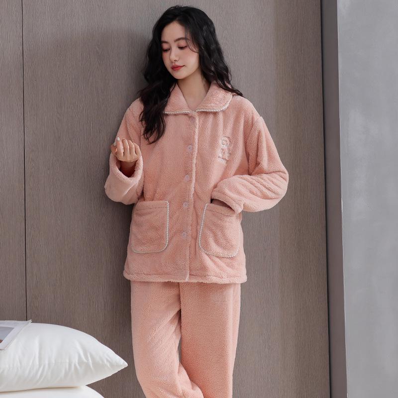 Ensemble de Pyjama d'Hiver en Flanelle pour Femme - Cardigan Mignon, Manches Longues, Vêtement d'Intérieur Chaud et Confortable