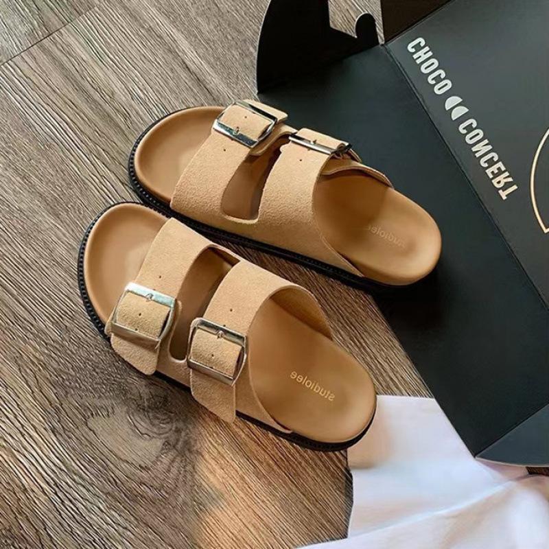 Schnell senden! Einwort-Vierkantschnalle Dicksohlige Hausschuhe für Damen zum Tragen Flachboden-Sandalen