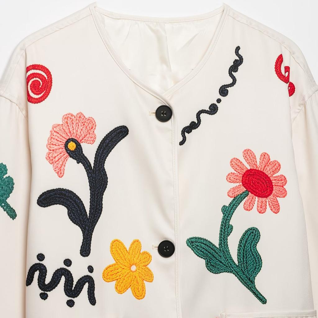 2026 Summer New European and American Cross-border Women's Street Fashion V-Neck Floral Embroidered Jacket W039 70102