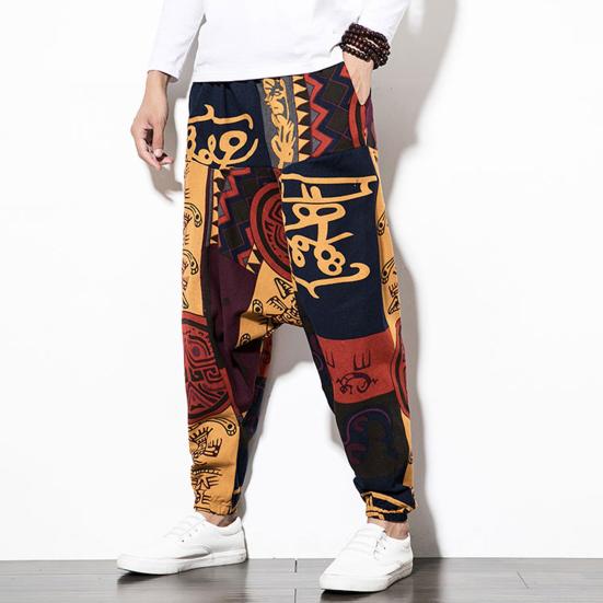 Harem Pants Large Crotch Ankle Tied Fashion Print Elastic Waist Loose Streetwear Plus Size Baggy Pants for Daily Wear