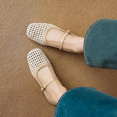 French Beautiful Not Tired Feet Small Single Shoes Women's Flat Bottom Soft Sole Breathable Hollow Mary Jane Women's Shoes Comfortable Mesh Sandals