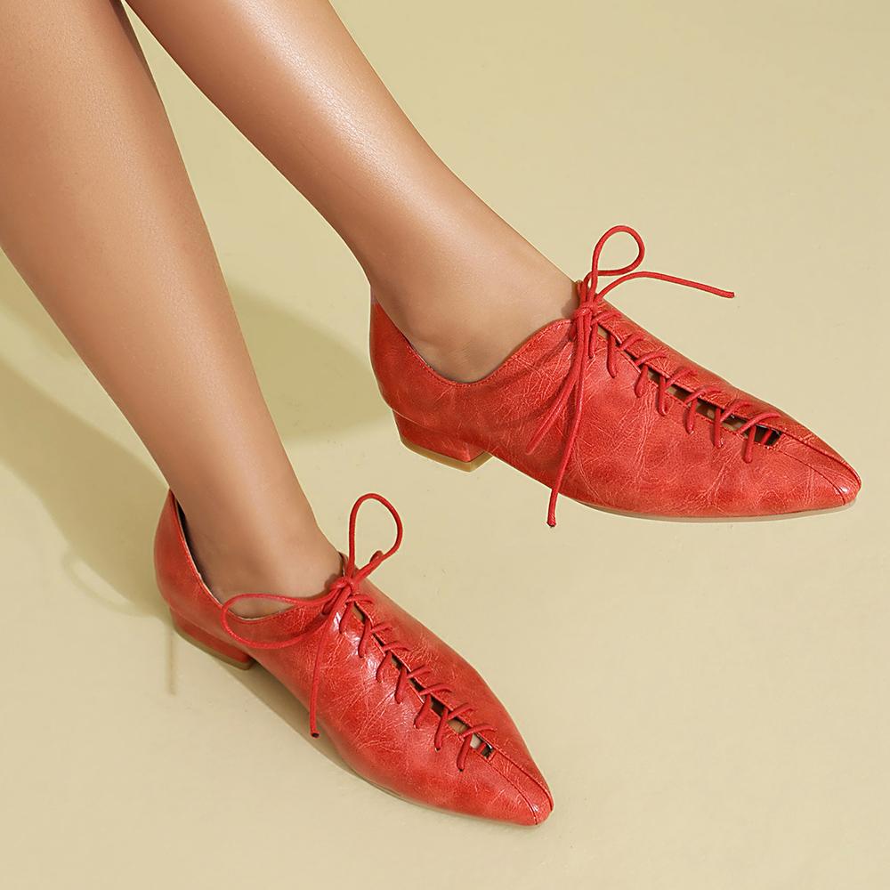 Apricot Women Oxford Pumps Lace Up Low Block Heels Lady Casual Shoes Big Plus Size 45