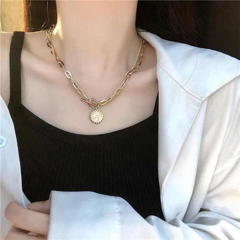 Retro Double-layer Minimalist Necklace Personalized Beauty Head TO Buckle Collarbone Necklace Women's PunkStyle Necklace Jewelry