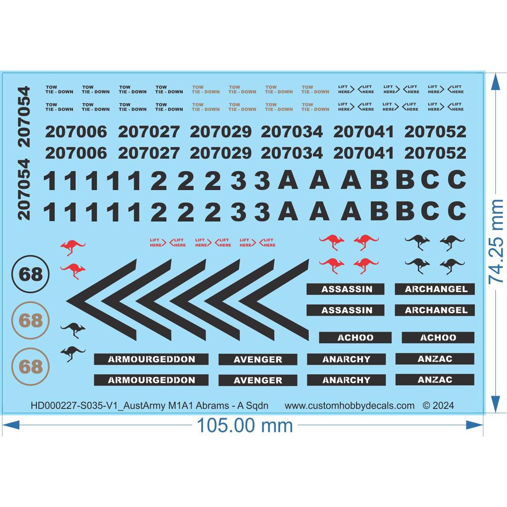 ADF Army Abrams M1A1 MBT Decals - 1/16 1/35 1/48 1/72 HO (1/87) - Water Decal