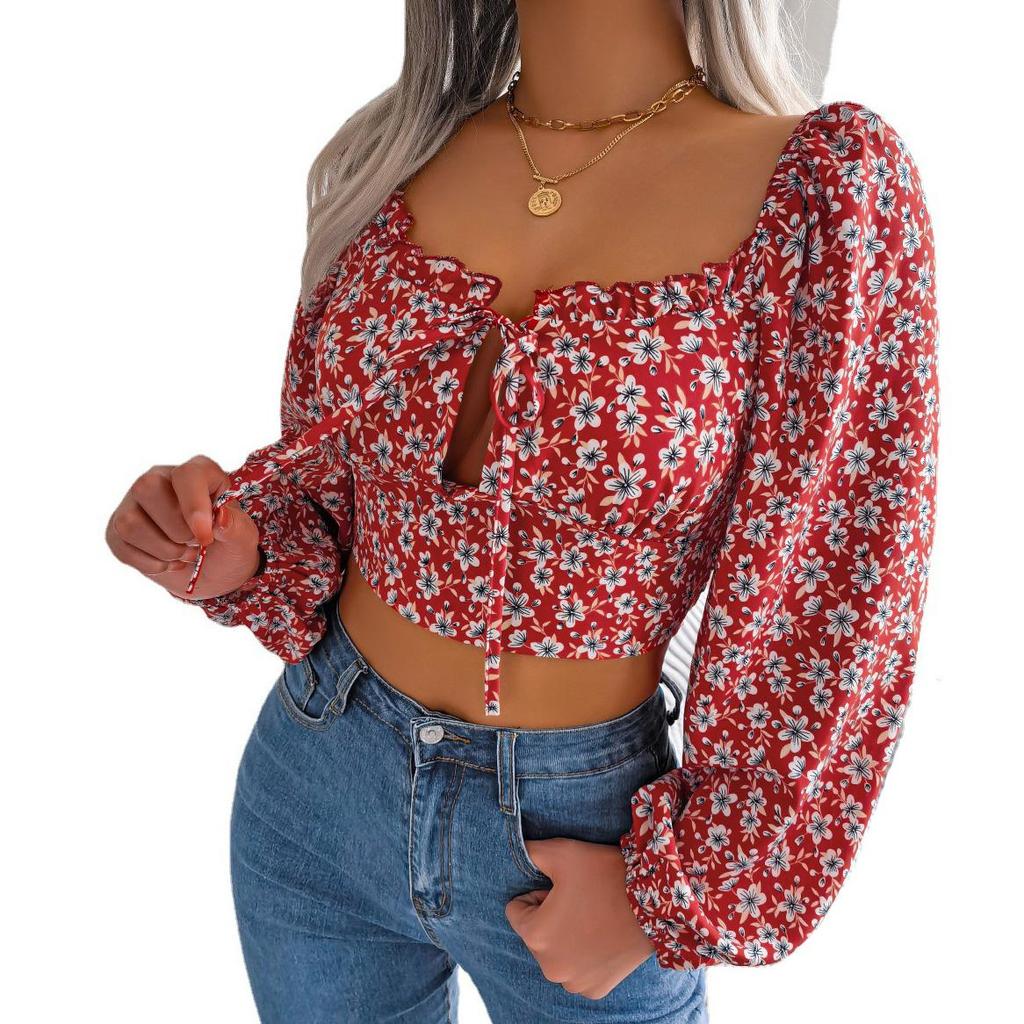 Women Floral Print Chiffon Blouse Fashion Vintage Square Collar Long Lanter Sleeve French Ins Spring Autumn Ruched Tops