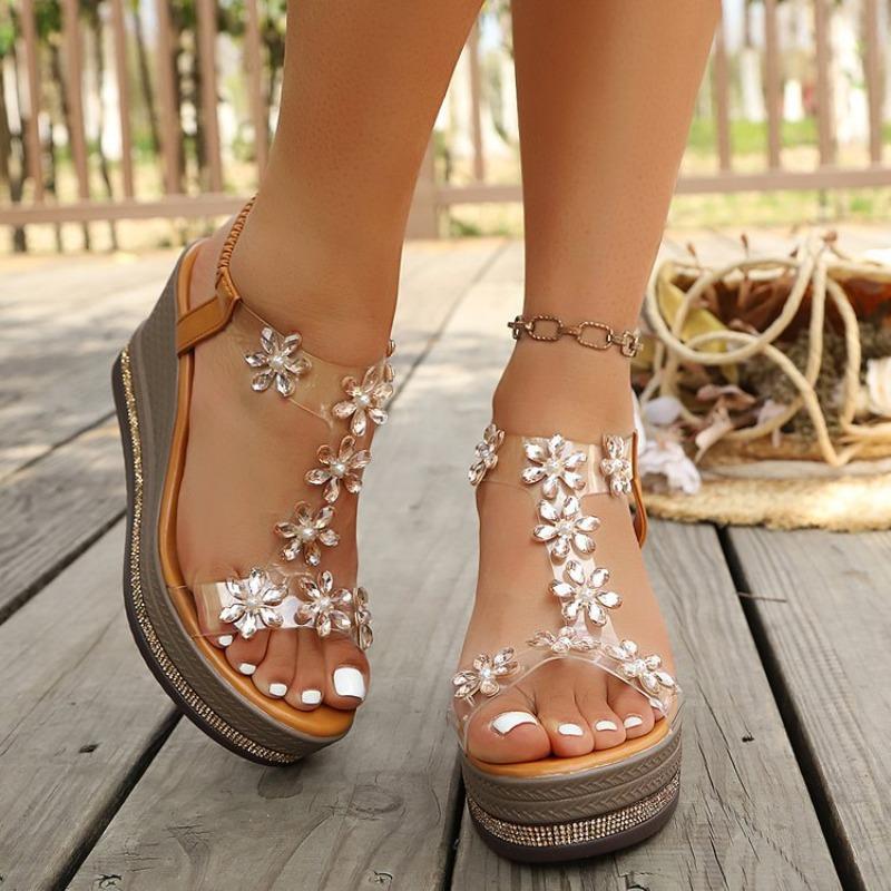 Women's Plus Size Platform Wedge Sandals, Floral Rhinestone Design for Beach Casual Wear