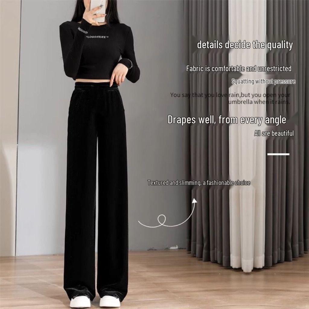 Women's High-Waist Gold Velvet Wide-Leg Pants - Spring/Autumn 2024 Collection, Plus Size, Draping Straight-Leg Trousers