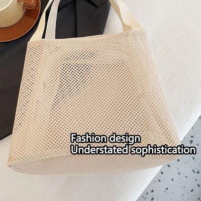 Casual Mesh Tote Beach Bag Large Capacity Portable Toiltery Makeup Bag with Handle Zipper Cosmetic Zipper Pouch Beach