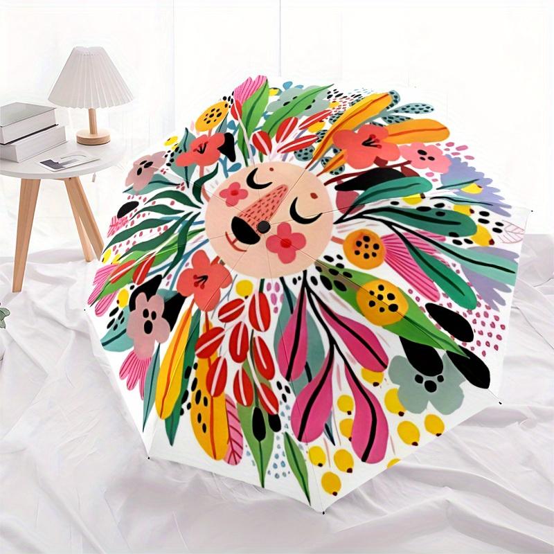 1pc Floral Mandala Automatic Folding Umbrella - 8-Rib Iron Frame, Windproof, Portable Sunshade with Plastic Handle for Travel & Outdoor Acti