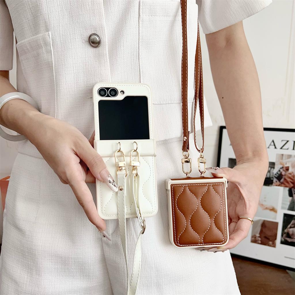 Leather Crossbody Lanyard Rope Phone Case for Samsung Galaxy Z Flip 3 4 5 6 7 Flip7 FE ZFlip7 Flip6 Shockproof Protective Cover