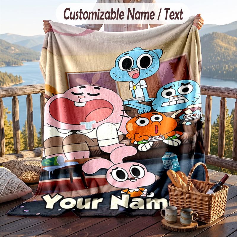Amazing World of Gumball Flannel Blanket, Personalized Custom Name Text, Soft Warm Plush Throw Blanket For Gift