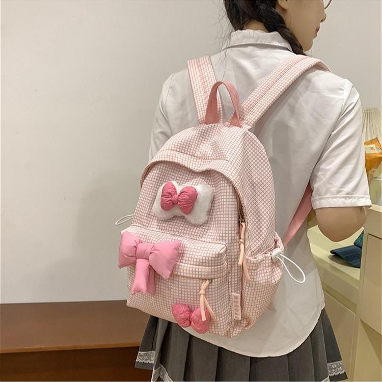 Cute Bowknot Plaid Backpack for Women Girls Large Capacity School Bag Casual Travel Daypack College Student Bookbag