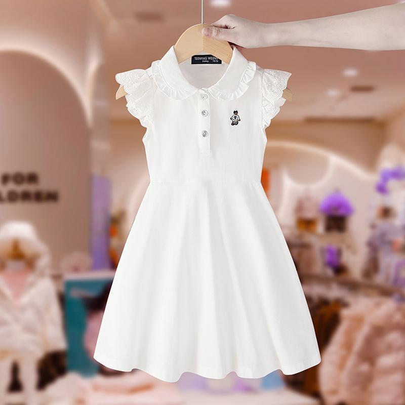 Girls Summer Solid Dress Korean Flutter Sleeve Collar Princess Dress For Big Kids 120