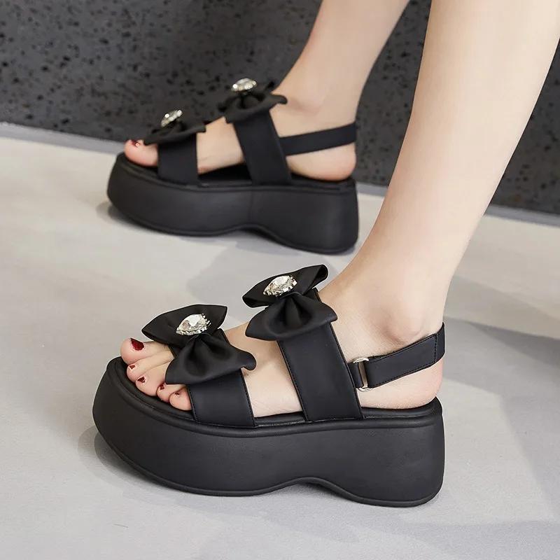 7cm New Summer Women Sandals Microfiber PU Lady Elastic Chunky Heel Fashion Hot Sale Platform Wedge Mujer Comfy Hook Shoes