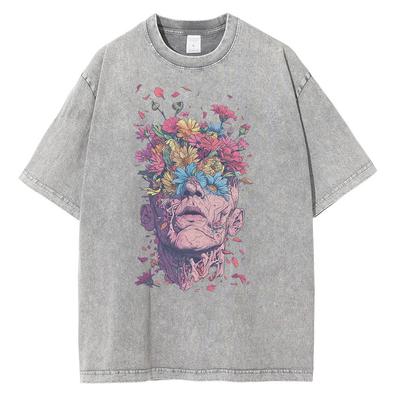Heavyweight Pure Cotton T Shirts Flowers Emerging Out of Human Eyes and Heads Graphic T-shirts Vintage Van Gogh Style