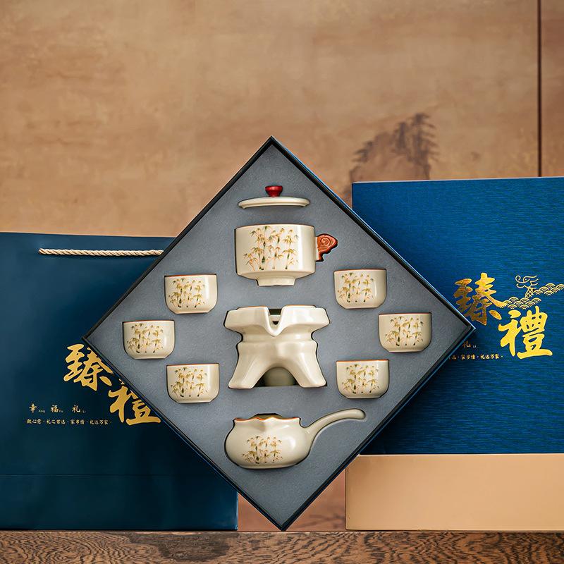 Light Luxury Splendid Ru Kiln Automatic Tea Set, Household High-end Lazy Semi-automatic Tea Set Gift Box, Souvenir Business