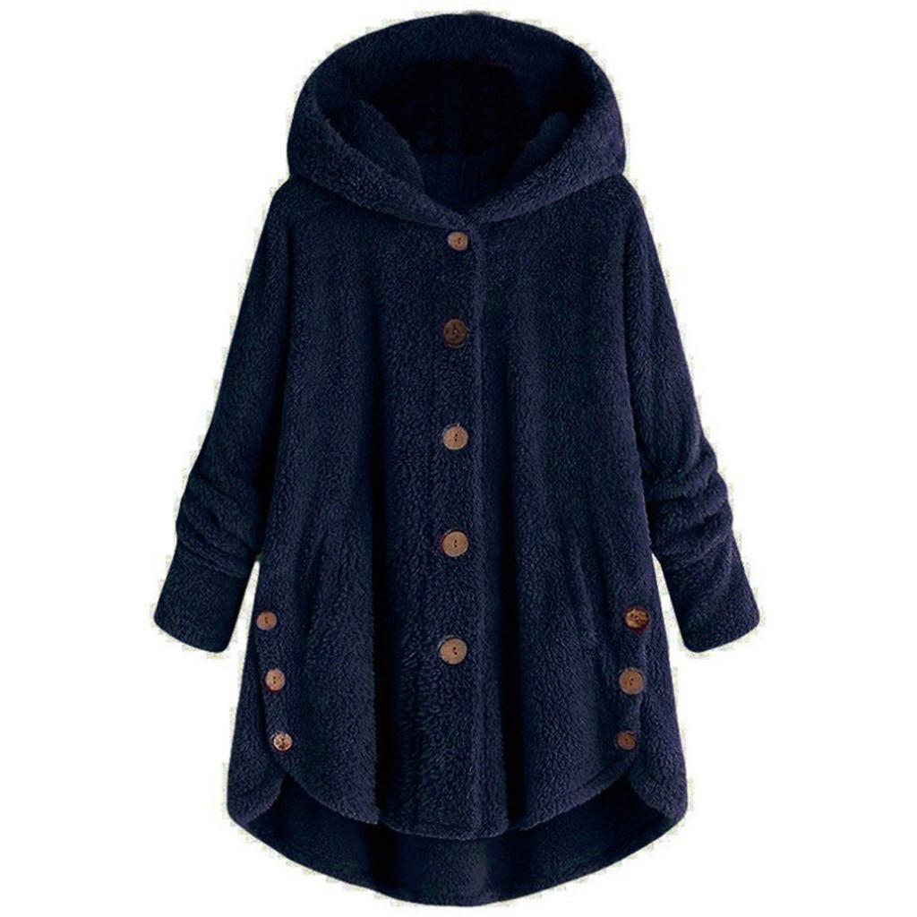 Women's Fashion Solid Color Button Hooded Plush Loose Casual Jacket