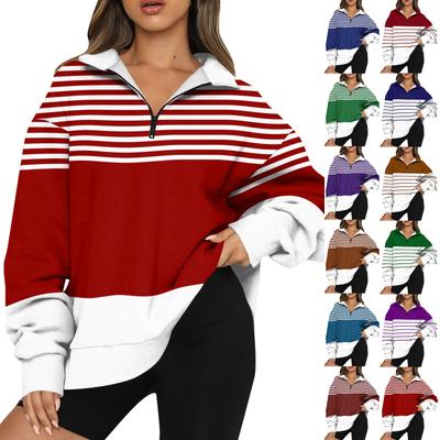 Sweat-shirt pour femme à la mode à manches longues rayé imprimé demi-zip haut de sweat-shirt