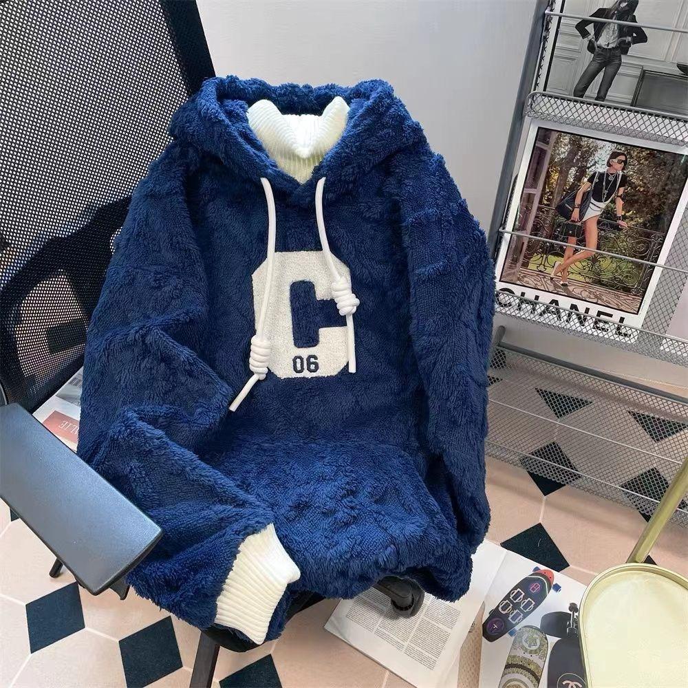 

Женский свитшот однотонный, украшенный буквами, американская мода, карман, имитация двух частей, спортивная одежда, осенний, универсальной посадки, женский пуловер 3XL королевский синий