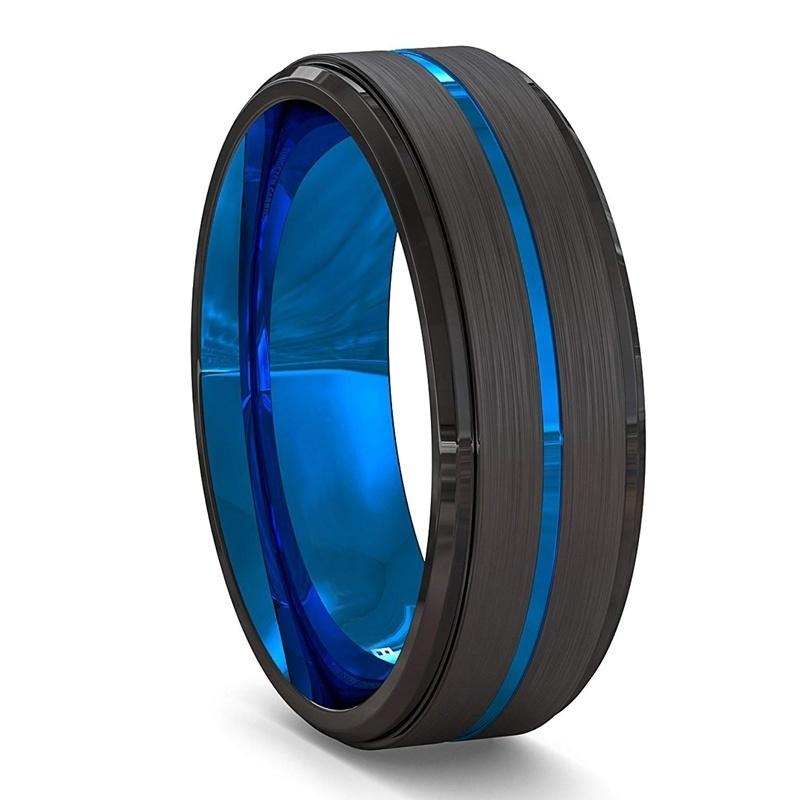 2025 Fashion Jewelry Stainless Steel Rings for Men Accessories Anniversary Gift Vintage Black Brushed Blue Groove Wedding Band