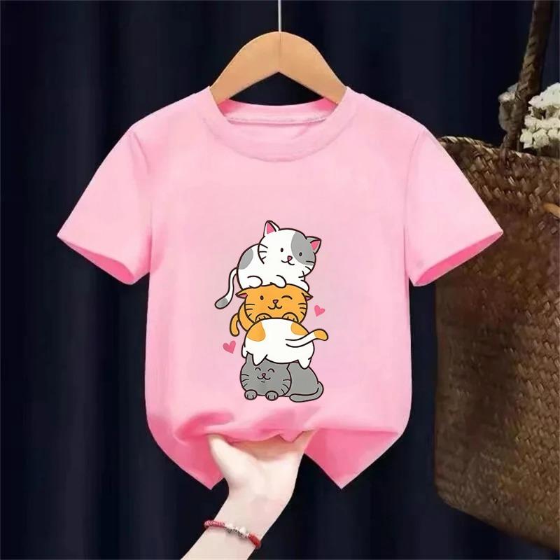 Cute Cat Graphic Kids Tshirts Summer Short Sleeve Tees Cartoon Animal Boys Girls Clothes Kawaii Kitten Tops Y2K Children T-shirt