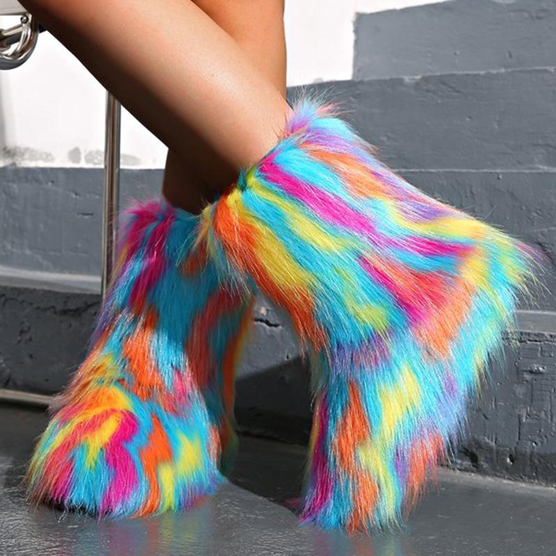 Fashion Y2K Mix Color Snow Boots for Women Soft Faux Fur Warm Snow Boots Woman Winter Plus Size 44 Non Slip Plush Booties Ladies