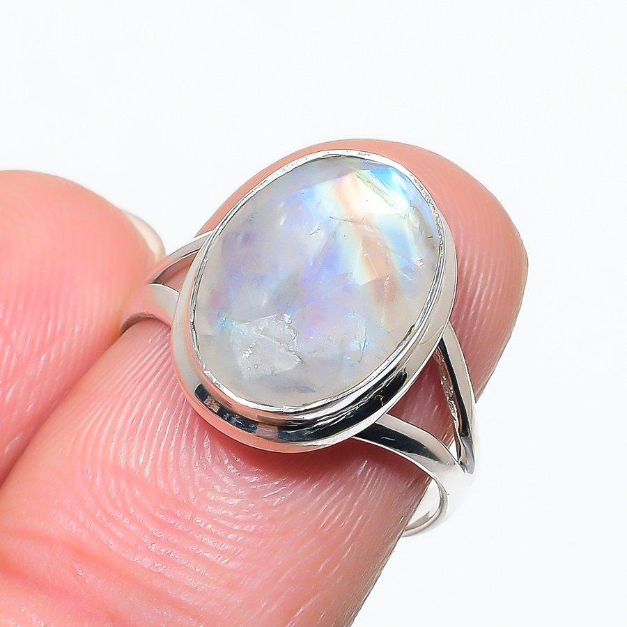 Natural Rainbow Moonstone Gemstone 925 Solid Sterling Silver Gift Ring S.8 T5j37
