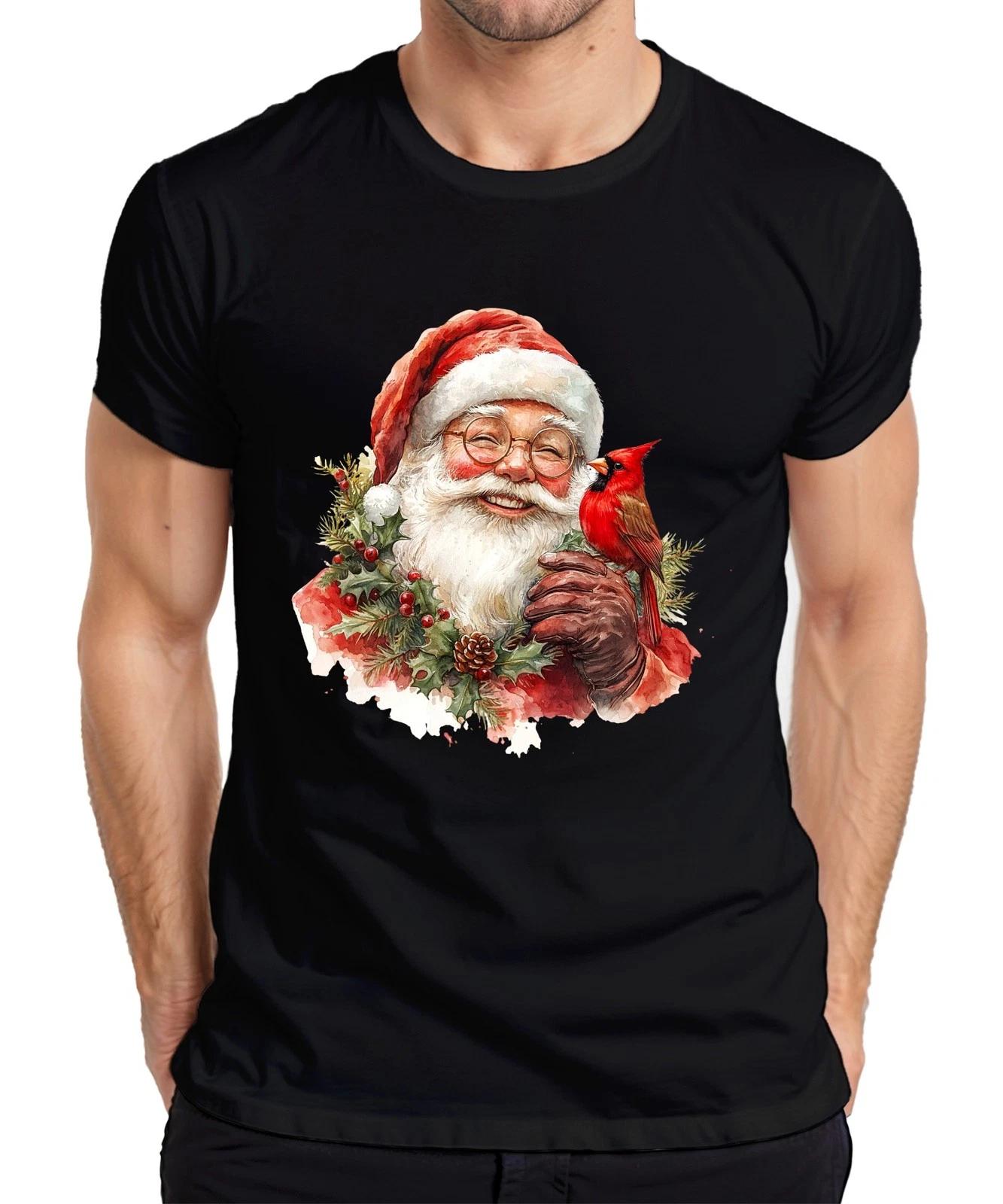 Weihnachtsmann Kardinal Vogel Stechpalme Kiefernzapfen Aquarell Herren T-Shirt XXL