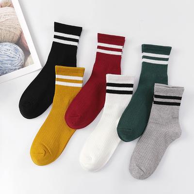 Women's Autumn and Winter Fashion Solid Color Stripes Sports Two Bars In The Tube Cotton Socks